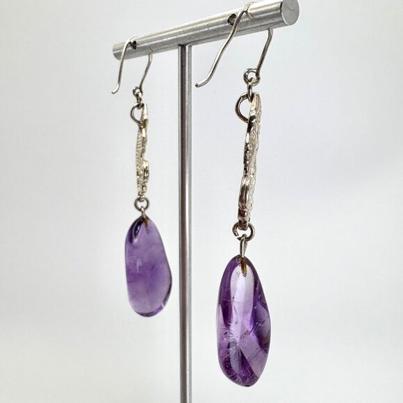 Sterling Silver 925 Amethyst Nugget Victorian Lady Dangle Earrings 3" Length - Picture 7 of 15